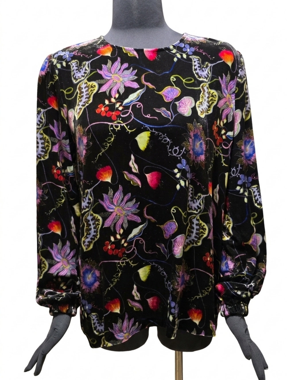 Johnny Was Black Velvet Long-Sleeve Floral Print Top